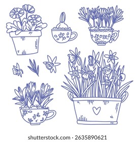 vector cute set with small garden flowers. hand drawn spring flowers