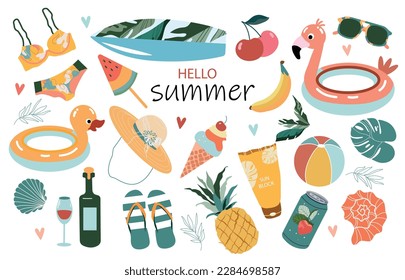 Vector cute set with summer items: ice cream, shells, sunglasses, fruits, flamingos.Bright summer poster. Collection of scrapbooking elements for beach party. 
