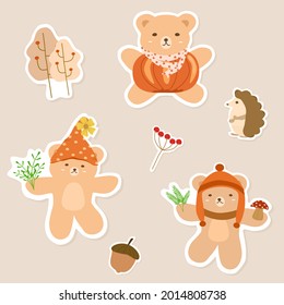 Vector - Cute set of Teddy bear with pumpkin,green leaves, mushroom, porcupine and tree. Autumn, Fall season. Clip art. Can be use decorate any card, web, print, paper, sticker.