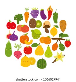 vector cute set, vegetables and fruits. funny characters