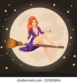 Vector cute sexy redhead witch flying on a broom