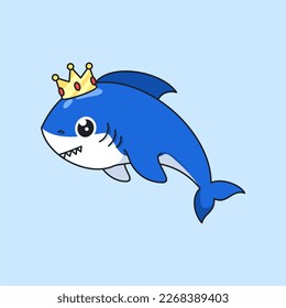 Vector cute shark with corwn swimming cartoon icon illustration.