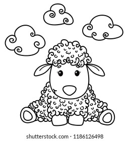 Vector cute sheep cartoon, black silhouette isolated on white for coloring.