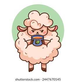Vector cute sheep with a cup of tea. Tea for relaxation. Ready to go to bed Cartoon kawaii style. Sheep mascot for cards, posters, package design