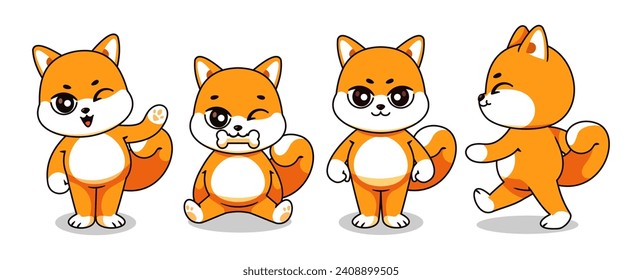 Vektor Cute Shiba in Set Arten von Posen stehend, Walking, Say hi und Biting Bone, Cute Shiba in u Illustration