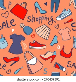 Vector cute shopping sale pattern with woman accessories, clothes, cosmetics, bags, shoes, shoes