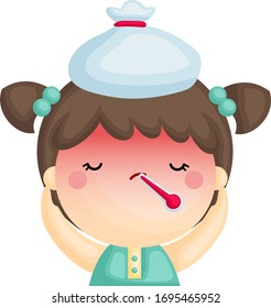 A Vector of Cute Sick Girl Having Fever with Thermometer in Her Mouth
