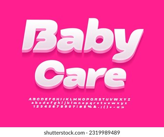 Vector cute Sign Baby Care.  White 3D Font. Artistic Alphabet Letters, Numbers and Symbols