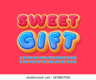 Vector cute sign Sweet Gift. Blue Glazed Font. Tasty Donut style Alphabet Letters and Numbers set