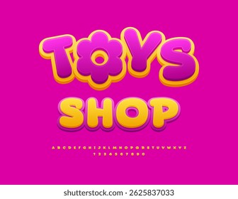 Vetor bonito tabuleta brinquedos loja. Fonte para crianças amarelas e rosa. Cartoon estilo alfabeto letras e números.