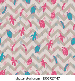 Vector cute silhouette bananas on grey chevron seamless pattern background