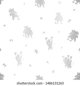 Vector cute silver foil-like textured sporty anthropomorphic cartoon characters seamless pattern background