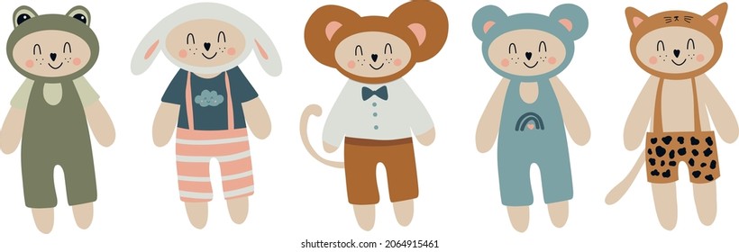 Vector cute simple animals - bear, cat, monkey,frog, sheep. Great for baby clothes, t-shirts, posters.  Applicable to children's party, baby shower, birthday, stickers, prints, textiles, icon