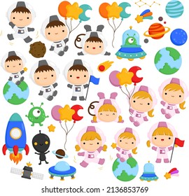A Vector of Cute and Simple Astronaut Kids in Space