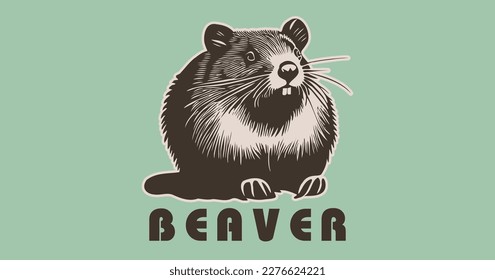 Vector cute simple beaver rodent stencil. Logo, sticker or icon. Green isolated background.