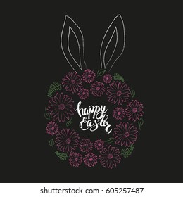 Vector cute and simple colorful wreath with bunny ears and hand written "Happy easter" phrase. Isolated on black background