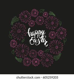 Vector cute and simple colorful wreath with   hand written "Happy easter" phrase. Isolated on black background