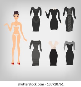 Vector cute simple dress up paper doll with an assortment of classic little black dresses
