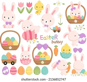 A Vector of Cute and Simple Easter Bunny Playing with Eggs