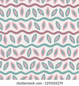 Vector cute simple graphic ornamental boho ethnic pattern with abstract pink leaves, wavy stripes and pastel colors