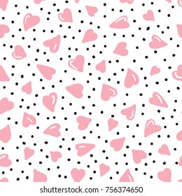 vector cute and simple pattern with pink hearts and black dots