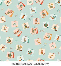 Vector of Cute, Simple, Sticky notes of Colorful Robot portraits in green, orange, yellow and reddish colors on a light background. Perfect for fabric, scrapbooking, wallpaper projects