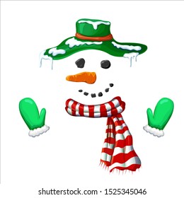 vector cute simple xmas snowman illustration. snowman face with green hat striped holiday scarf and mittens isolated on white. hand drawn smiling frosty character. Christmas winter symbol.
