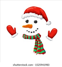 vector cute simple xmas snowman illustration. snowman face with red santa hat striped holiday scarf and mittens isolated on white. hand drawn smiling frosty character. Christmas winter symbol. props
