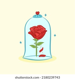 Vector Cute Single Rose Under Flask Glass (glass Dome). Red Eternal Flower Art. Royal Luxury Fairy Symbol. Beauty And Beast Story. Vintage Fairytale Element.  