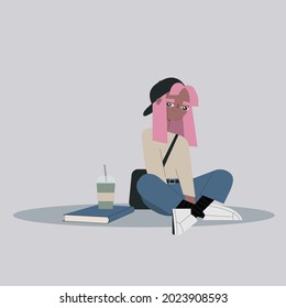 Vector cute sitting girl with pink hair, bag, book and coffee to go, in flat illustration style.