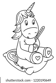Vector cute, sitting  unicorn with thermometer,  black silhouette.