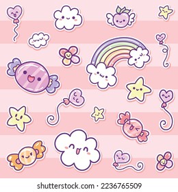 Vector cute sky elements rainbow clouds and stars with flowers and ballons stickers