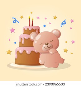 vector cute sleep teddy bear doll with birthday cake and party vibes for baby boy girl illustration