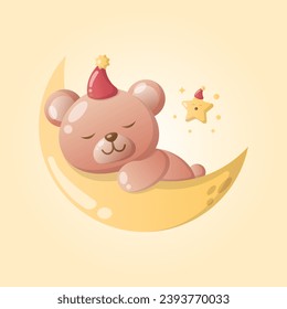 vector cute sleep teddy bear doll in the moon with cute star for baby boy girl illustration