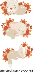 Vector cute sleeping animals in sunflowers boho style