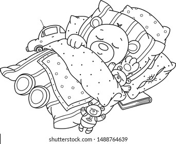 Vector Cute, Sleeping  Baby Bear In Bed, Black Silhouettes For Coloring.  