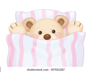 Vector cute sleeping baby bear in bed.