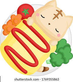 A Vector of Cute Sleeping Cat Inside the Japanese Fried Rice with Omelette 