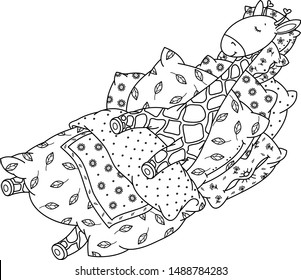 Vector cute, sleeping giraffe in bed, black silhouettes for coloring.  
