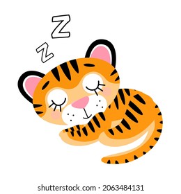 Vektor cute schlafend kleine Tigerbecher. Symbol des Neujahrs 2022, einzeln auf weißem Hintergrund. 