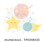 Vector cute sleeping moon, star and comet illustration clip art isolated on white background