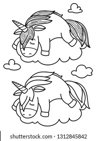 Vector cute, sleeping  unicorn on cloud, black silhouettes for coloring.  
