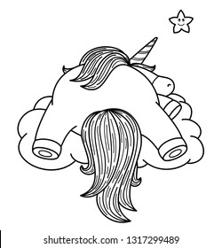 Vector cute, sleeping  unicorn on cloud, black silhouettes for coloring.  