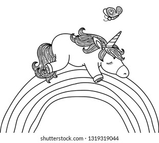 Vector cute, sleeping  unicorn on cloud, black silhouettes for coloring.  