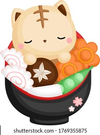 A Vector of Cute and Sleepy Cat Inside the Japanese Ramen Bowl 