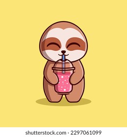 Vector Cute Sloth Drinking Smoothie Illustration. Kawaii Animal Cartoon Character Design For Banner, Poster, Icon, and Mascot