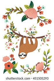 Vector cute sloth hanging on the tree. Funny baby sloth, flowers, branch. Cartoon animal illustration for invitation, greeting card, brochure, poster etc