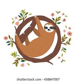 Vector cute sloth hanging on the tree. Funny baby sloth, flowers, branch. Adorable cartoon animal illustration