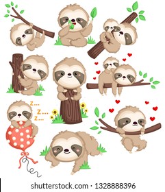 a vector of a cute sloth in many position