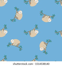 Vector cute sloth on tree. Seamless pattern with funny sloth, leaves, branch. Adorable animal background